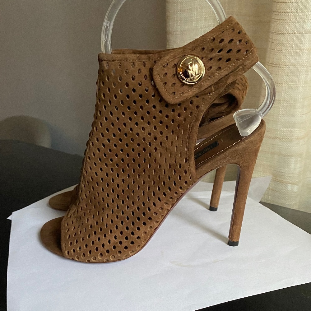 Louis Vuitton brown suede open toe perforated ankle stra boots heels booties 7.5
